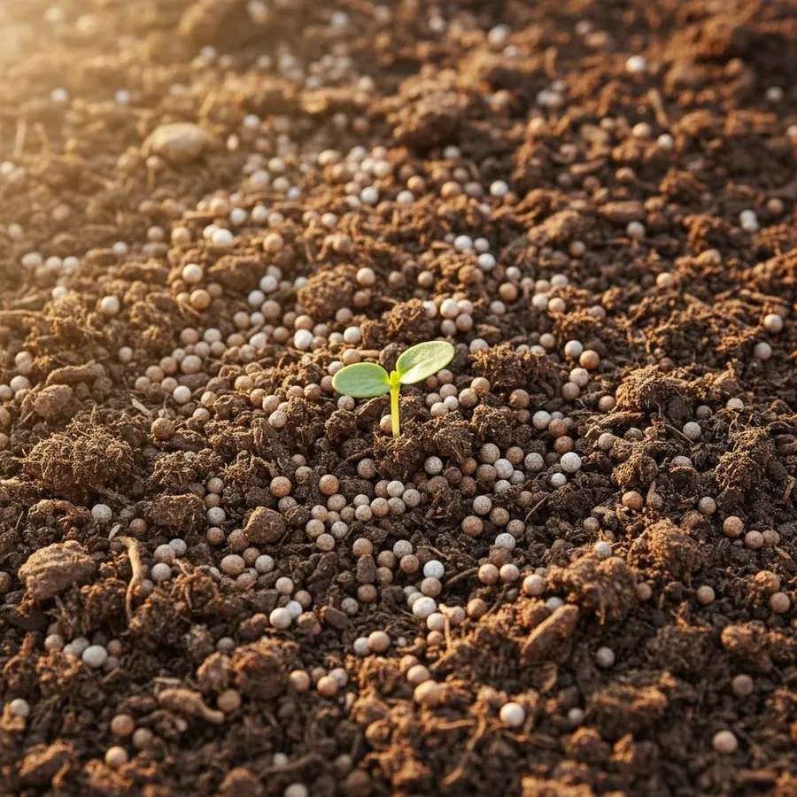 Fertilizer granules and a seedling in soil